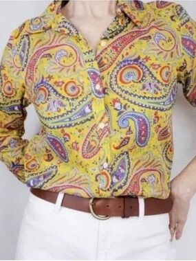 Lauren Ralph Lauren Yellow Paisley Button Down Lightweight Cotton Blouse